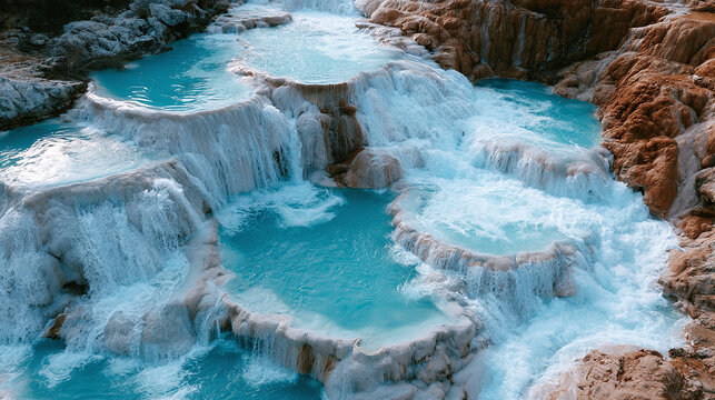 Stunning aerial view of vibrant turquoise thermal pools and cascading waterfalls in a natural travertine rock formation landscape, creating a serene and picturesque outdoor destination scene for trave