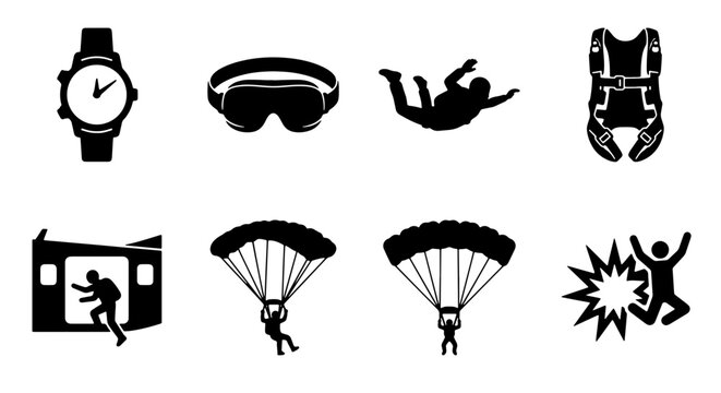 Skydiving Icons Set: Parachute, Jumpsuit, Goggles, Watch, Jump, Freefall, Action, Adventure