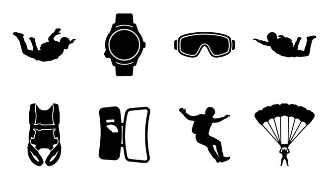 Skydiving Gear Icons, Parachute, Jumpsuit, Goggles, Watch, Vector Set