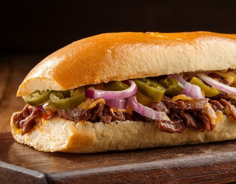 vertical macro shot of a homemade philly cheesesteak sandwich featuring onions and peppers on a table