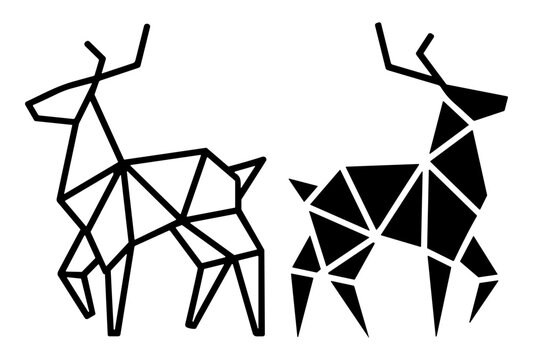 set of two geometric deer illustrations made with black polygons vector art on transparent background