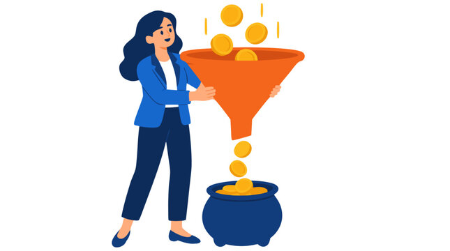Smiling saleswoman holding a large orange funnel pouring golden coins into a blue ceramic pot, customer conversion rate and lead generation revenue pipeline concept flat vector illustration