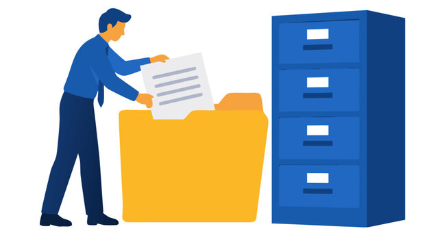 Corporate clerk in blue shirt inserting white document paper into an oversized yellow file folder beside a blue archive filing cabinet, paperless data storage flat vector illustration