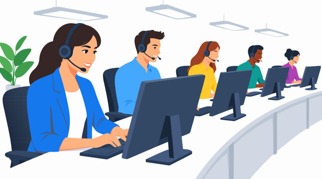 Five diverse customer support representatives wearing headsets type at computer monitors along a curved desk, vector illustration of call center telemarketing and hotline technical service