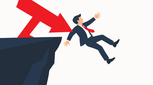 Stressed businessman in navy blue suit tumbling backwards off high dark cliff after being shoved by massive descending red arrow in dramatic vector illustration on clear white background