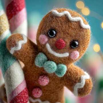 Christmas holiday spirit and festive joy felt gingerbread man toy with candy cane decoration for winter seasonal celebration and home decor