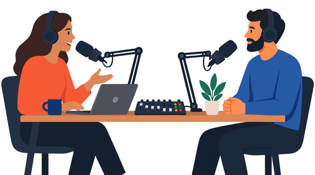Podcast host interviewing a bearded male guest in an audio recording studio equipped with broadcast microphones and a sound mixer, flat vector illustration representing media broadcasting
