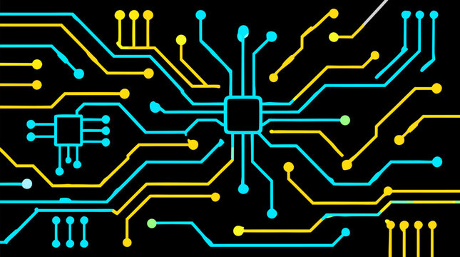 Futuristic electronic circuit board pattern featuring glowing cyan blue and yellow conductor pathways radiating from a central microchip, vector illustration of digital data networking