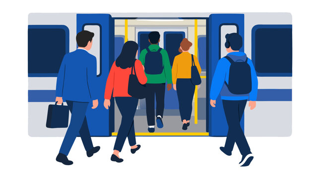 Diverse city commuters viewed from behind boarding a modern metro subway train carriage through open blue doors, clear flat vector illustration of urban public transit and passenger travel