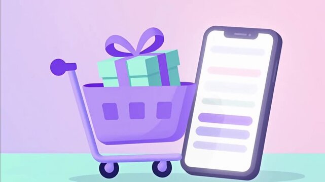 Animated Online Shopping Concept with Gift Box in Trolley Cart beside Smartphone