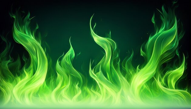 vivid green fire flames rising from bottom on a dark background on background