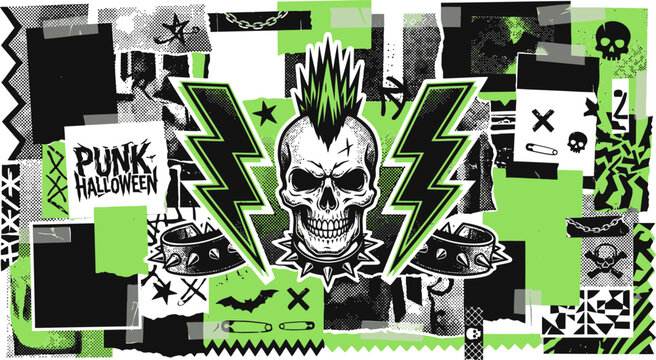 Punk Halloween skull vector collage, edgy mohawk skeleton with lightning bolts, green and black grunge aesthetic scrapbooking elements