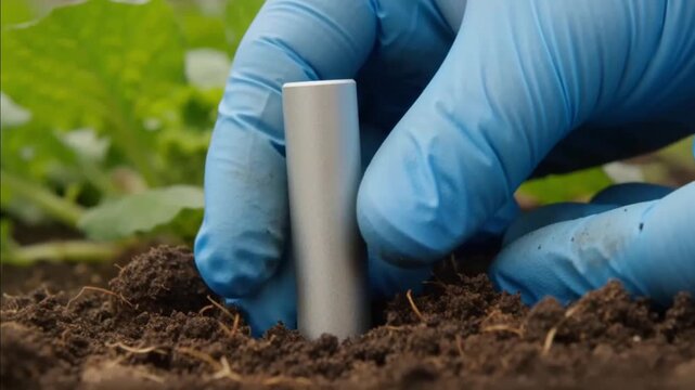 Close Up Agronomist Hands in Blue Gloves Testing Soil Quality with Sensor