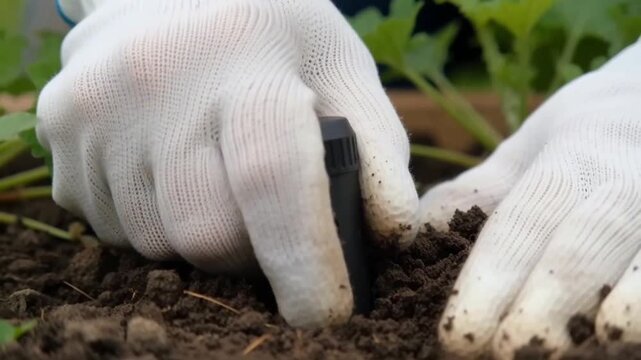 Hands in White Gloves Using Electronic Soil Sensor Probe in Garden Field