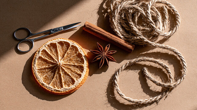 Gift wrapping supplies with dried orange, spices and jute twine