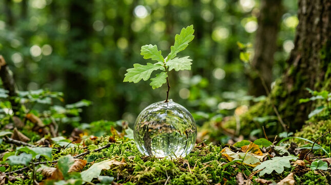 Small oak sapling growing inside clear glass sphere on forest floor