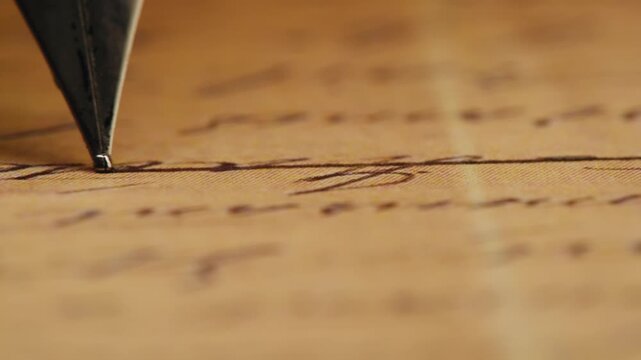 Fountain pen write letter, document sign on an antique handwritten letter. Vintage nib pen and handwritten english cursive style font copperplate, spencerian. Old history background. Retro style.