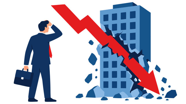 Shocked businessman in navy suit holding briefcase gazing at sharp declining red arrow smashing through modern blue skyscraper, financial crisis concept in flat vector illustration