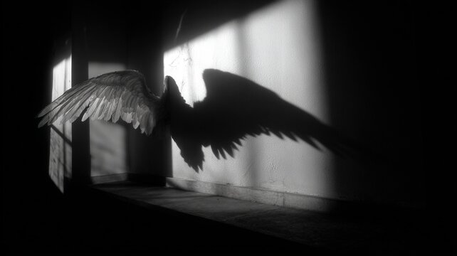 Spirituality and hope concept angel wings shadow cast on a dark wall divine protection faith and transformation in a mysterious interior space