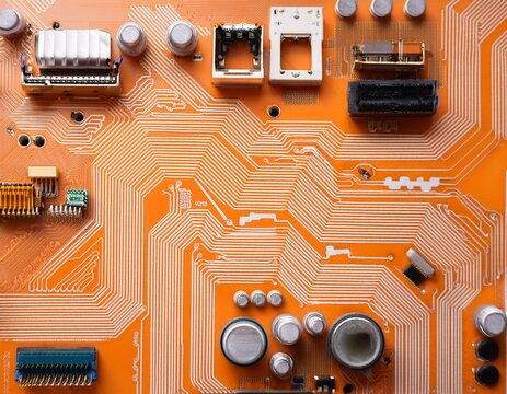 ecommerce catalogue electronics component background in orange and white orange electronic circuit board with various components and connectors