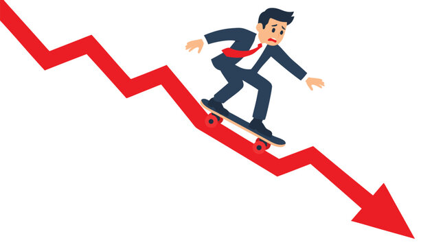 Worried businessman riding skateboard down steeply descending red line graph arrow in economic recession and stock market collapse crisis flat vector illustration isolated on white background