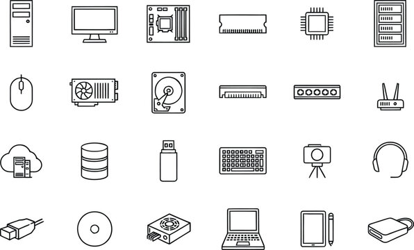 Minimalist line drawing icons set of computer hardware and accessories