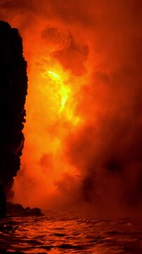 Lava from the Kilauea volcano flows into the ocean on the Big Island of Hawaii. Vertical Video.