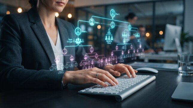 Person using laptop with futuristic digital interface and holographic icons