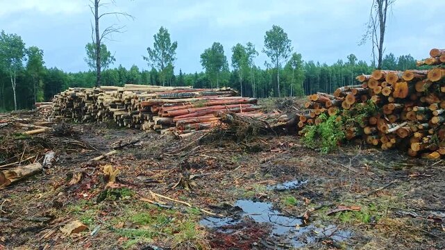 On the logged-out logging site, there are stacks of timber. There is a loaded timber truck