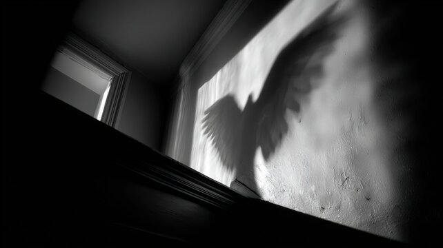 Freedom and hope concept bird wing shadow cast on a dark interior wall spiritual growth transformation and liberation in a quiet room