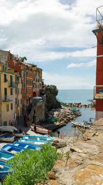 Vertical Time Lapse of the beautiful and scenic seaside village of Riomaggiore in Italy. One of the small towns that makes up Cinque Terre.