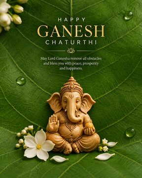 Lord Ganesha statue surrounded by tropical leaves, flowers and soft golden light
