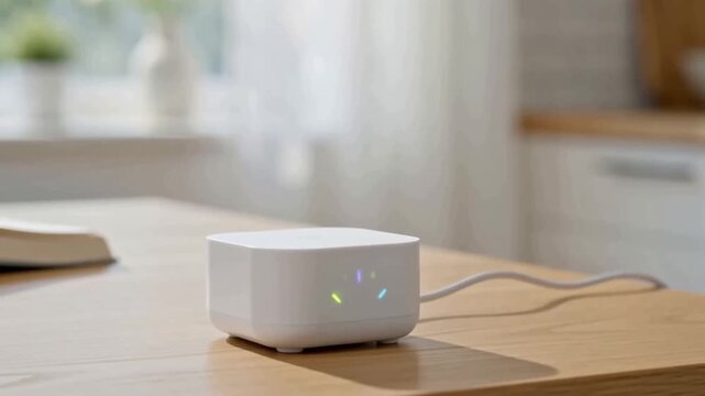 Hands Placing White Smart Home Hub Device on Wooden Desk