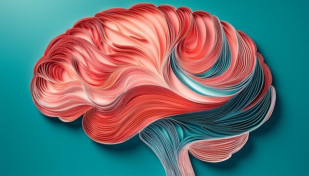 abstract paper art brain design layered waves coral pink teal background mind concept