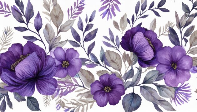 watercolor purple and gray floral pattern on a white background watercolor print in rustic vintage style textile or wallpapers