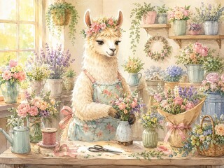 Fototapeta premium Llama Florist Arranging Flower Bouquets in Shop Watercolor Illustration