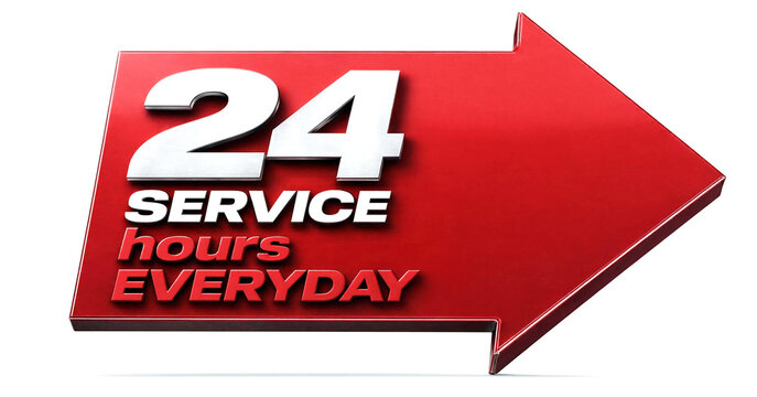Red arrow graphic showing twenty four hour service availability every single day of the week
