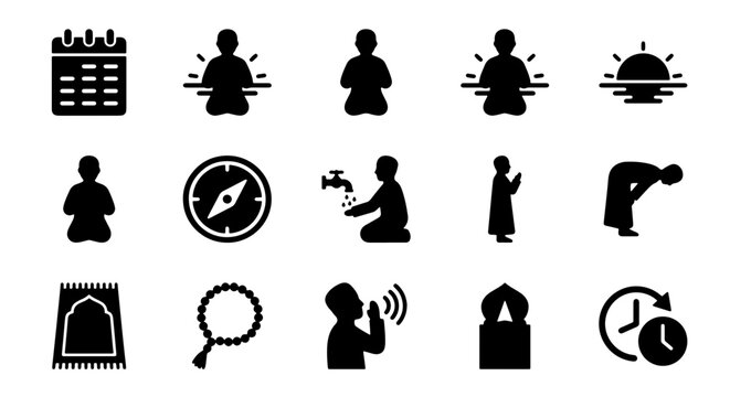 Islamic Prayer Icons Set, Muslim Worship Symbols, Ramadan & Eid Icons, Vector Graphics