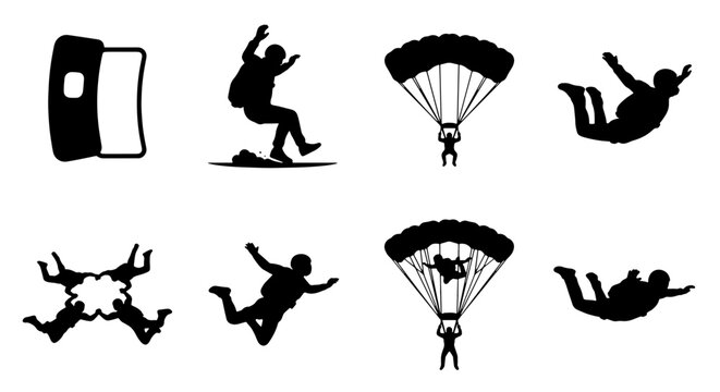 Skydiving Silhouette Icons Set: Parachuting, Freefall, Tandem Jumps, Sport Vector Graphics