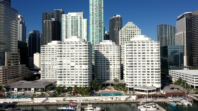 Aerial shot of the beautiful buildings along the ocean in Miami Florida