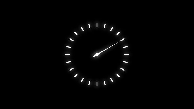 Neon glowing clock face animation with rotating hands on black background, time timer