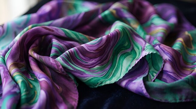 Folded purple and green silk scarf with marbled swirl pattern 