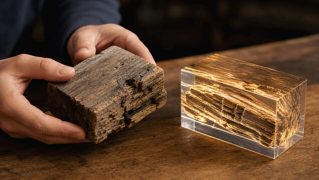 Hand holding weathered wood beside transparent resin block on wooden table