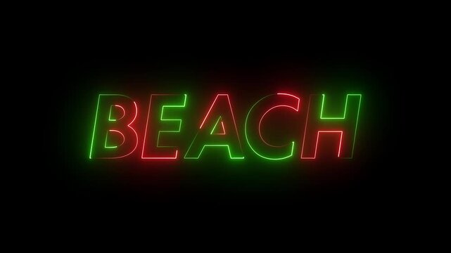 Glowing neon outline BEACH word text typography animation on black background for summer event intro, travel vlog title, tropical vacation promo, digital signage and video editing overlay.