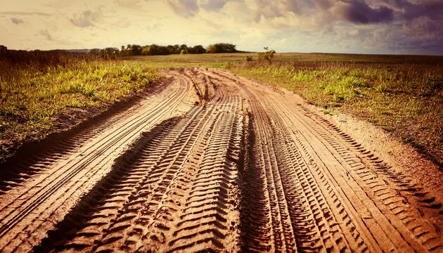 tire marks on dirt sand or mud retro or grunge photo vehicle on sandy off road path trail on grass or farm