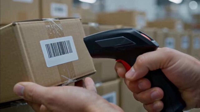 Close Up Hand Scanning Barcode Label on Cardboard Box with Barcode Scanner 