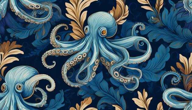 blue vintage octopus and baroque floral leaf seamless pattern for luxury textiles ocean themed wallpapers and sophisticated branding