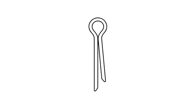 Black outline vector icon of a split cotter pin with loop head and two uneven straight prongs with beveled tips drawn in thin lines in centered vertical composition showcasing locking reliability