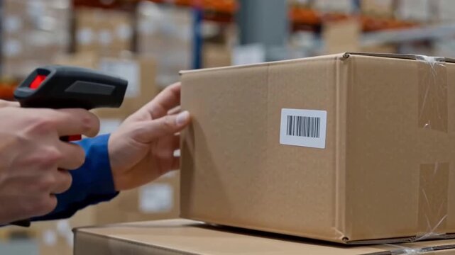 Warehouse worker scanning barcode on cardboard box package with handheld scanner device