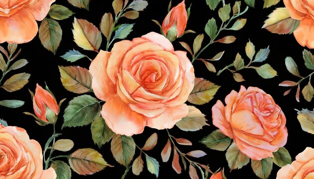 peach rose pattern watercolor on a black background watercolor print in rustic vintage style textile or wallpapers